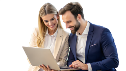 A smiling businesswoman and businessman looking at a laptop computer together, isolated on transparent background