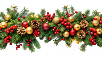 Christmas garland with fir branches, red berries, golden baubles, pine cones, and fairy lights, isolated on transparent background