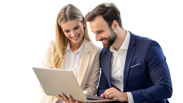 A smiling businesswoman and businessman looking at a laptop computer together, isolated on transparent background