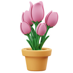 Pink Tulip Flowers in a Yellow Pot With Green Stems and Leaves On A Transparent Background Rendered in 3D Style