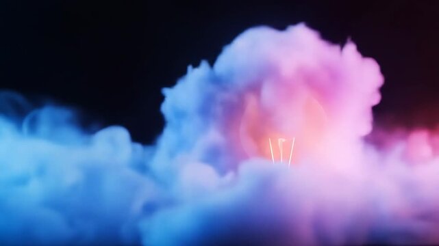 Incandescent light bulb slowly emerging from colorful clouds of smoke on a black background