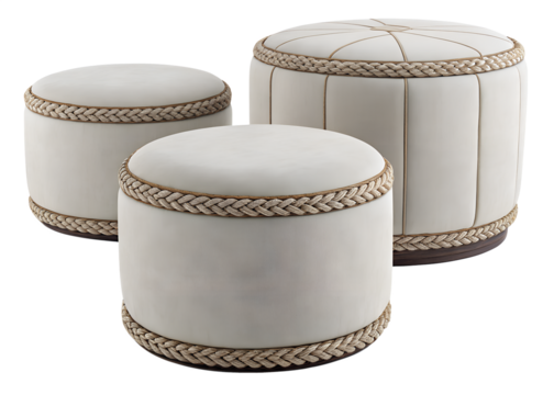 Three round upholstered ottomans with decorative braided trim in cream and beige isolated on transparent background