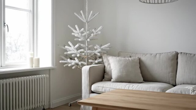 Minimalist Christmas Serene Scandinavian Living Room Scene with Flocked Tree and Neutral Tones for Festive Holiday Decor