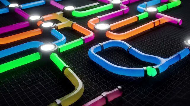 Colorful abstract pipes intertwining on a dark grid background, showcasing design