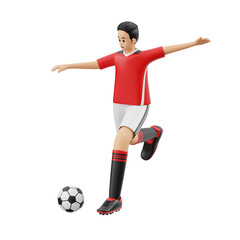 Male Soccer Player In Red Jersey And White Shorts Kicking Ball Mid Action On Transparent Background Dynamic Pose Athleticism Sport And Recreation