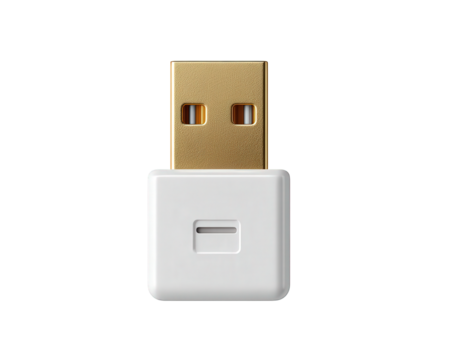 White and gold USB flash drive for secure data storage. This minimalist portable electronic device and technology icon element represents simple digital file transfer