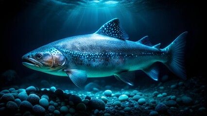 Fototapeta premium A large, speckled trout swims gracefully in dark, clear water, illuminated by sunbeams filtering from above, highlighting its scales and the rocky riverbed