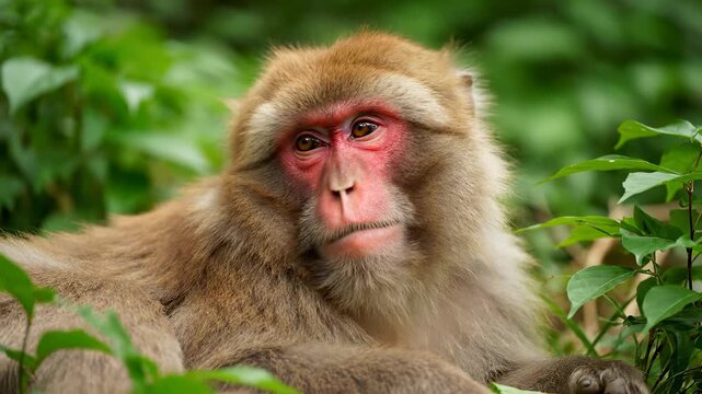 A monkey with lush fur sits on the ground, surrounded by thick green foliage. The monkey is resting as the monkey enjoys the calm of the natural environment.