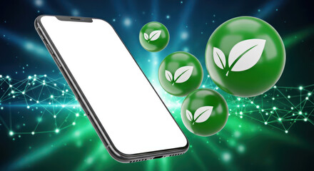 Modern smartphone with green esg bubbles symbolizing environmental sustainability and technology