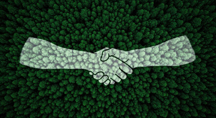 Symbolic handshake represents trust partnership and business agreement with environmental green background