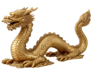 Fototapeta premium Majestic golden dragon statue, powerful oriental art element. This Chinese mythology symbol of good luck and fortune has fierce expression, isolated on transparency background