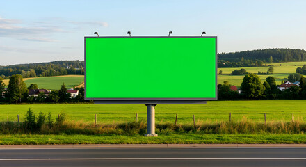Large countryside billboard with green screen for rural advertising mockup &mdash; Billboard besar di pedesaan dengan layar hijau untuk mockup iklan luar ruang