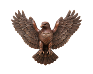 Majestic bronze eagle statue with artistic detail. This powerful sculpture, symbol of freedom and strength, features spread wings. An isolated element of design and heraldry