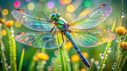 A stunning macro shot of a colorful dragonfly with translucent wings perched on a blade of grass, surrounded by soft, blurred bokeh lights