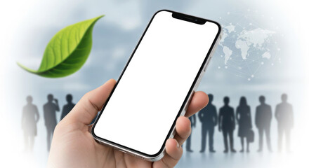 Modern smartphone in hand with green leaf and blurred group of people outdoors