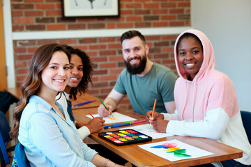 Group of diverse young adults sitting at table smiling and painting with watercolor paints, including Caucasian man, Caucasian woman, Black woman, and multiethnic woman