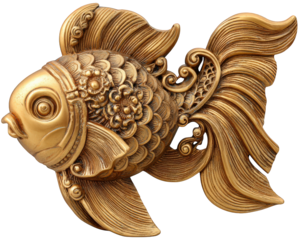 Ornate golden fish statue with intricate carving detail. traditional feng shui decor element symbolizing prosperity, good fortune, and abundant wealth on an isolated background
