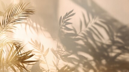 Golden palm leaves cast dynamic shadows on a textured wall creating a serene, warm, and inviting tropical ambiance perfect for relaxation and wellness themes.