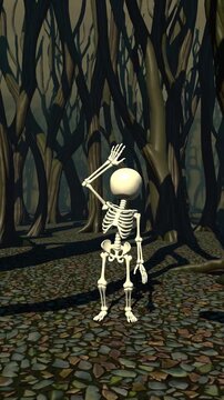 Squelette cartoon 3D debout dans une for&ecirc;t sombre stylis&eacute;e