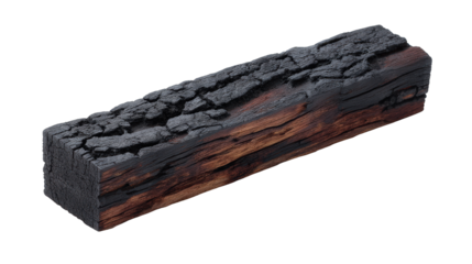 Single charred wooden log with black, burned texture. This dark, rough charcoal element on an isolated background conveys sense of desolation after fire or blaze