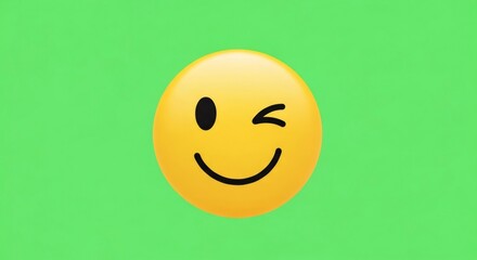 Fototapeta premium Winking smiley face emoji on green background. Expressive digital emoticon for social media. Chat, messenger, or greeting card design asset.