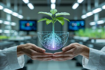 Hands cradling a glowing plant with digital roots symbolizing the fusion of nature and advanced technology in a futuristic laboratory setting