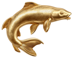 Golden koi fish statue representing prosperity, luck, and wealth. Luxurious symbol and clipart element signifies fortune, success, and abundance with an isolated background