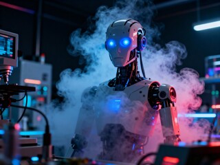 A futuristic humanoid robot emerges from a cloud of vapor, illuminated by blue light.