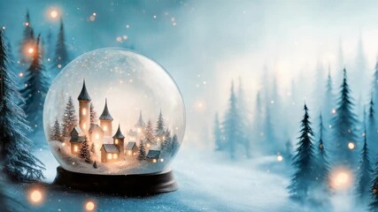 Enchanting snow globe captures a serene winter village scene with illuminated houses, gentle snowfall, and evergreen trees - Powered by Adobe