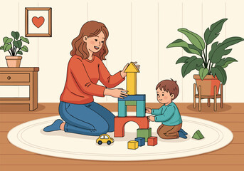 Happy family playing with colorful building blocks indoors, a mother and child enjoying quality time together creating a tower