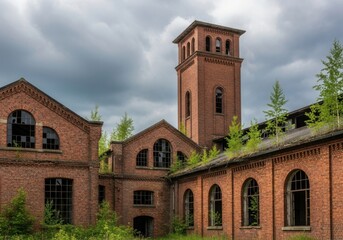 Abandoned brick industrial building with a tall tower under a cloudy sky