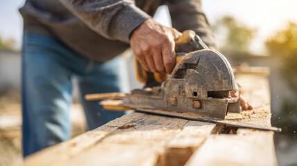 Carpenter using electric circular saw on wooden plank in workshop setting
