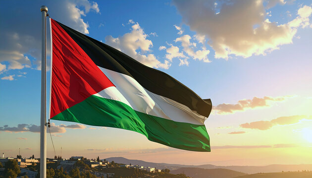 Palestine flag waving proudly against a stunning sunrise, symbolizing hope and resilience over a beautiful landscape panorama ideal for travel and culture concepts - Powered by Adobe