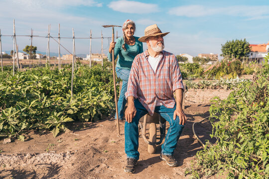Senior man resting on wheelbarrow while woman stands beside with rake