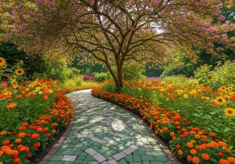 A winding stone path through a vibrant garden bursting with autumn flowers
