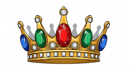 Ornate golden crown illustration adorned with glistening red ruby, blue sapphire, green emerald, and sparkling diamonds symbolizing royalty, power, and prestige on a clean white background.