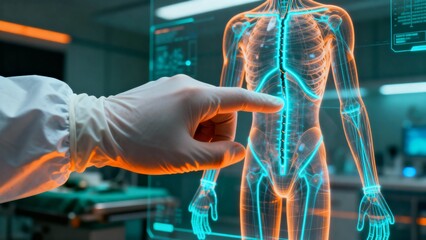 A medical professional's hand interacts with a futuristic holographic display showing the human skeleton and nervous system for advanced diagnostics