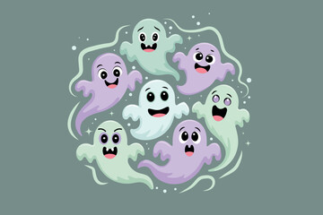 Cute cartoon ghosts in pastel colors for Halloween design. Happy ghost characters with funny faces on gray background. Modern flat vector illustration for kids, posters or stickers.