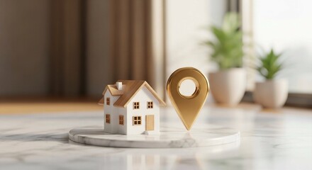 Minimal 3D real estate concept — white model house with wooden roof and golden location pin on marble platform, elegant modern home design