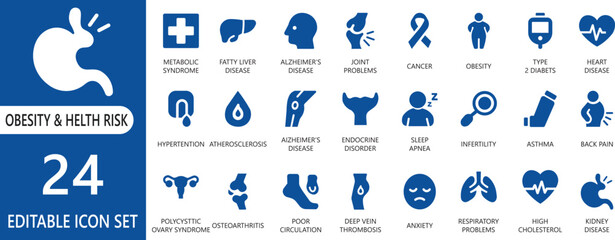 A detailed vector icon set representing obesity, health awareness, and lifestyle care concepts. Perfect for apps, websites, presentations, and stock platforms needing medical and wellness visuals.