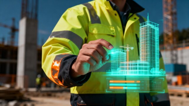 Construction worker holding holographic architectural model, building project, digital future - Powered by Adobe