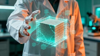 Futuristic concept of scientific discovery with a researcher in a lab coat holding a glowing holographic data cube