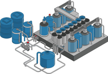Isometric 3D industrial water filtration system with interconnected storage tanks, purification units, and stainless steel pipes for modern water treatment facility efficiency