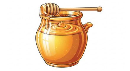 Golden honey pot with a wooden dipper, dripping sweet nectar, symbolizing natural sweetness, health, and organic goodness, vibrant vector illustration.