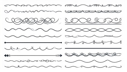 Fototapeta premium A diverse set of hand-drawn line borders and decorative dividers, featuring elegant swirls, waves, and flourishes to enhance creative designs and text projects