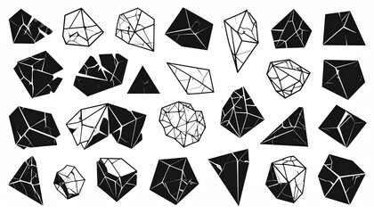 Dynamic collection of abstract geometric shapes with angular facets and complex polygonal structures, perfect for modern design backgrounds and conceptual projects