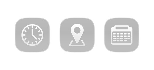 Calendar, Location pin, Clock icons. Event icon set. Address, time, date symbols vector