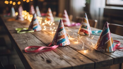 Festive party hats and twinkling fairy lights adorn a rustic wooden table ready for a joyful celebration