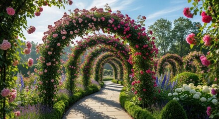 Enchanting rose garden archway pathway bathed in golden sunlight