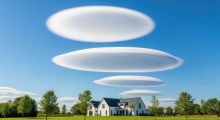 Unusual lenticular clouds hovering over a quaint european village landscape